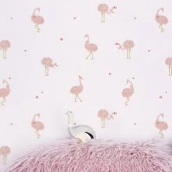 Papier Peint Coeurs Et Autruches En Papier Rose 50cm X 10m