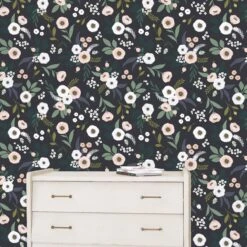 Papier Peint Floral En Papier Bleu Marine 50cm X 10m