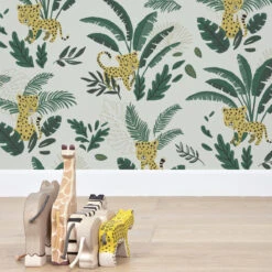 Papier Peint Guepard Et Feuillages En Papier Vert 50cm X 10m